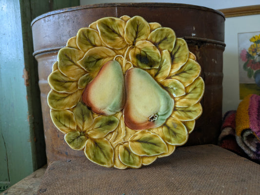 ANTIQUE FRENCH SARREGUEMINES FLORAL GLAZED POTTERY CERAMIC PLATE PEARS VINTAGE 