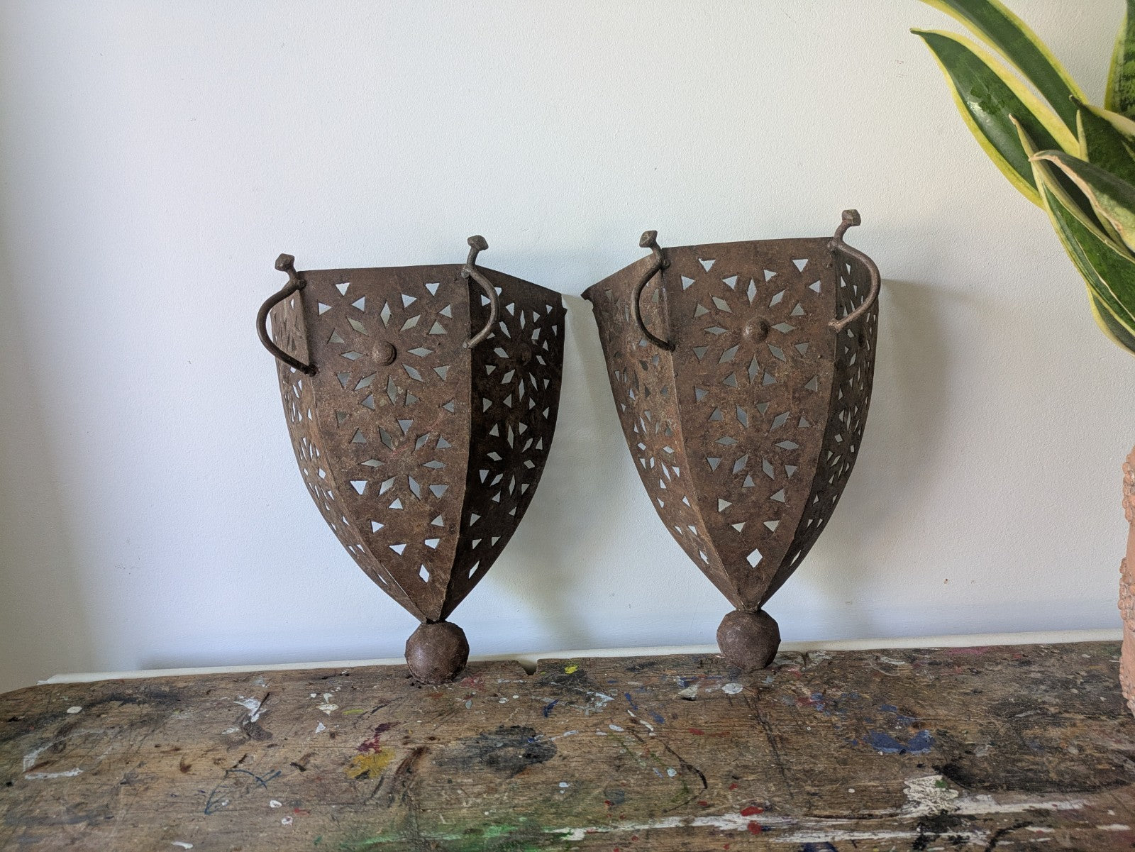Pair Handmade Pierced Open Iron Moroccan Wall Sconces Lights Candles Lamp Decor