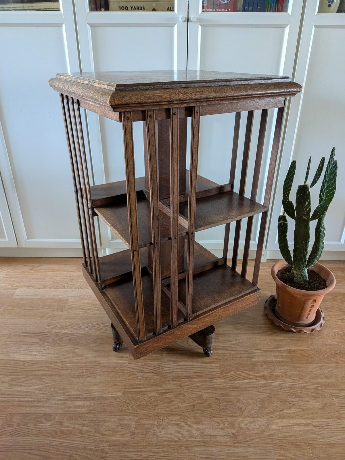 Antique Edwardian English Oak Revolving Bookcase Rare Vintage Shelves Spinning 