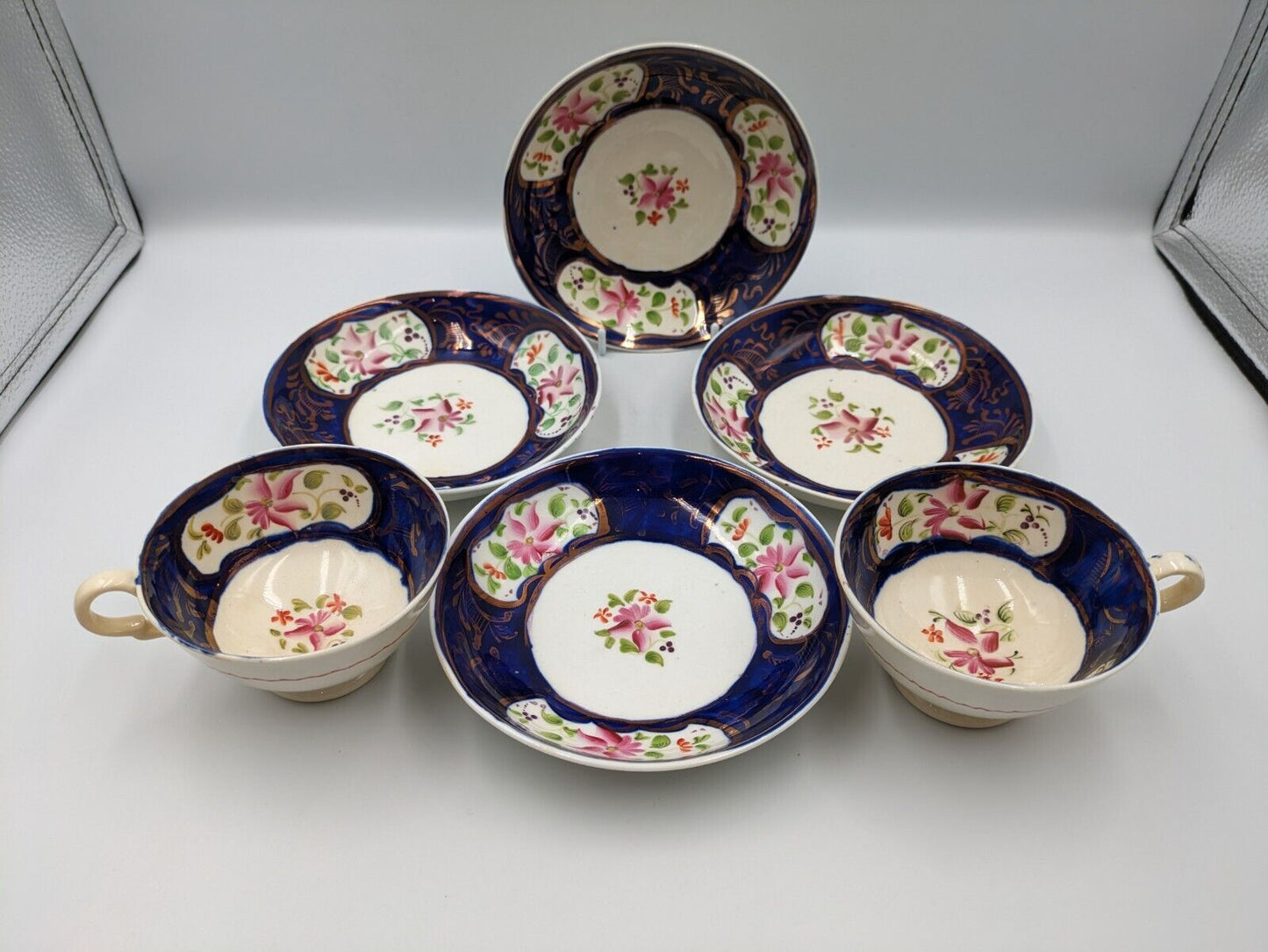ANTIQUE Mid 1800’s ENGLISH GAUDY WELSH TEA CUPS SAUCERS DUOS COBALT BLUE COPPER 