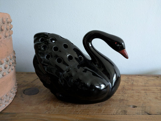 Large Black Swan Flower Vase Mantle Ornament Vintage Ceramic Centrepiece