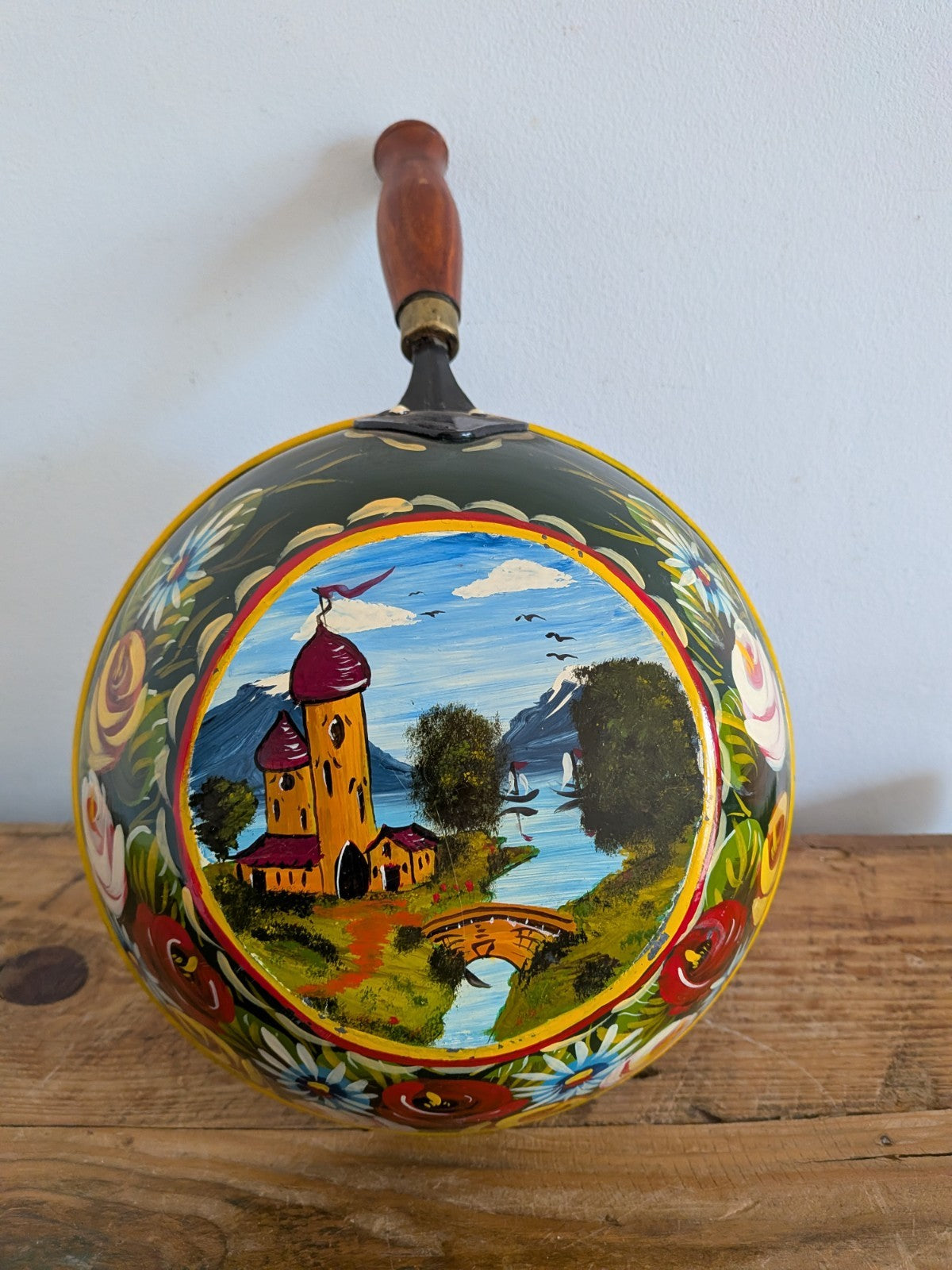 Vintage Floral Handpainted Bargeware Frying Pan Canal Boat Accessory Folk Art 