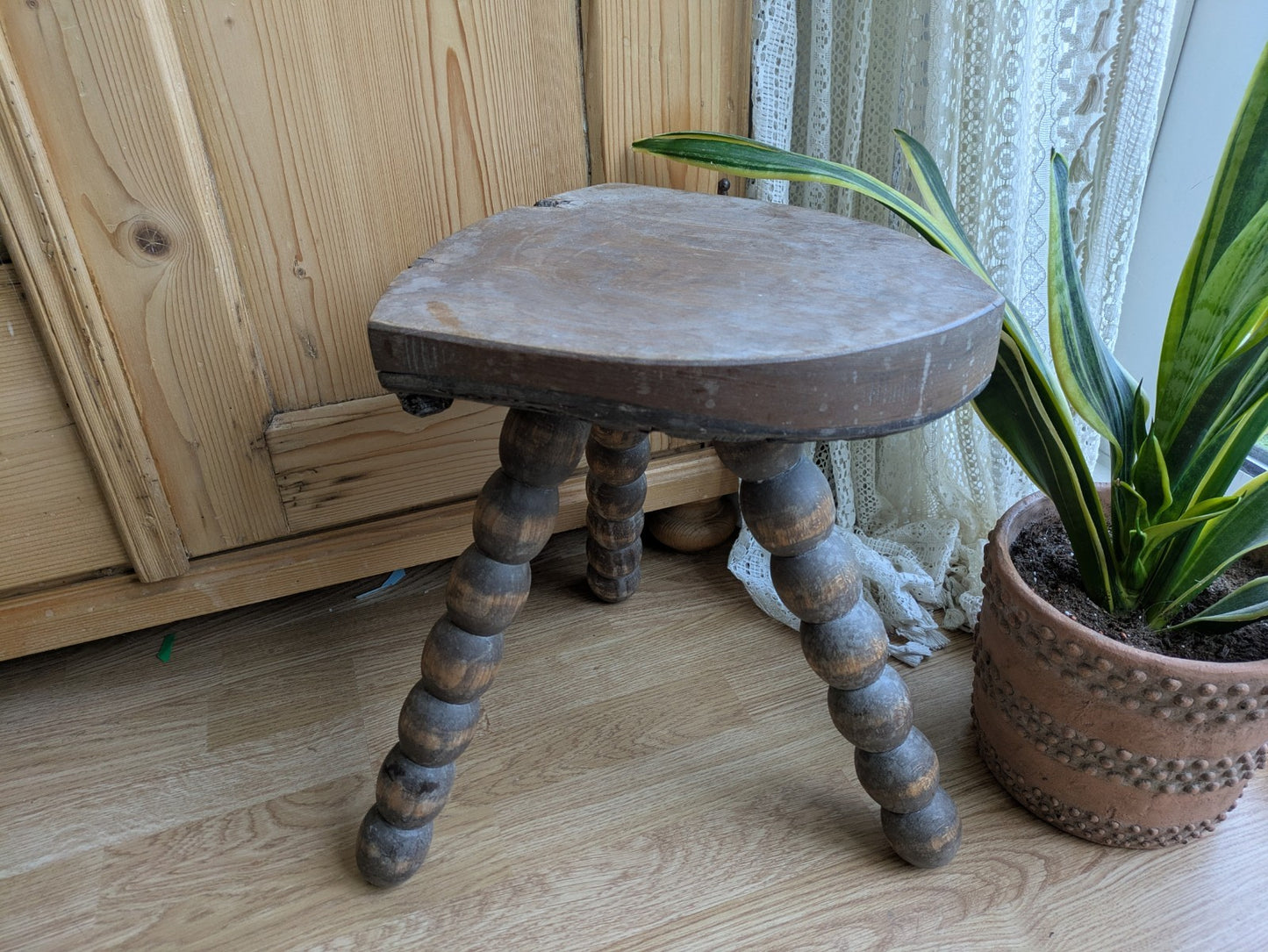 Antique 19th Century Vintage French Tripod Bobbin Leg Stool Plant Or Lamp Stand