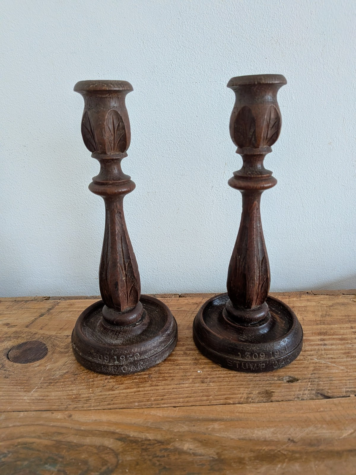 Vintage Antique Stump Oak Candlestick Holders Pair Hand Carved Candle 1930s Deco