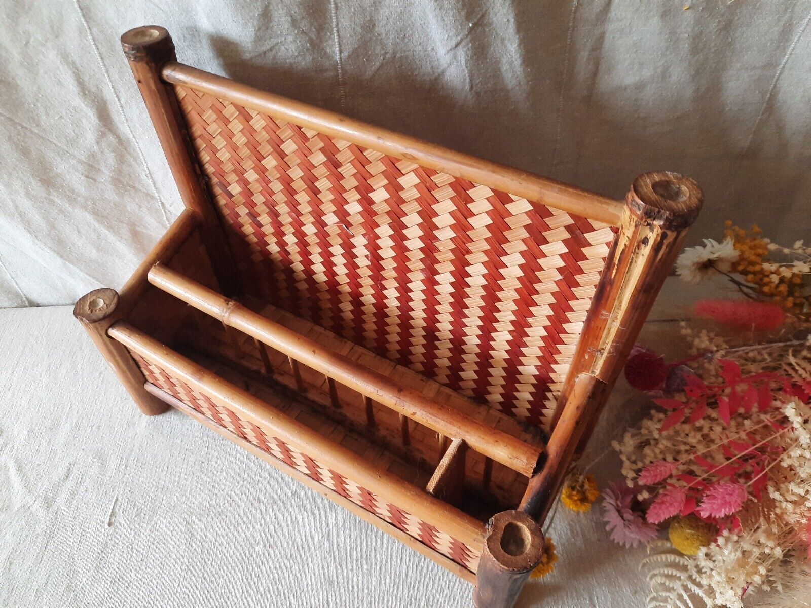 VINTAGE TIKI BAMBOO LETTER RACK SHELF DESK TIDY BOHO CANE RED  RETRO MIDCENTURY