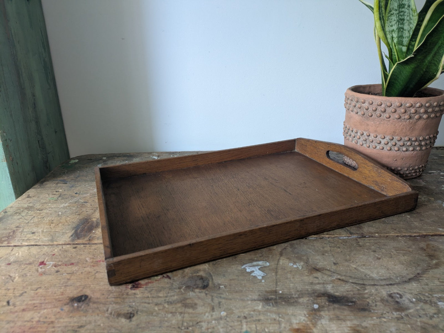 Vintage Antique Oak Wood Butlers Serving Tray with Handles Inset Prop Tea Dinner