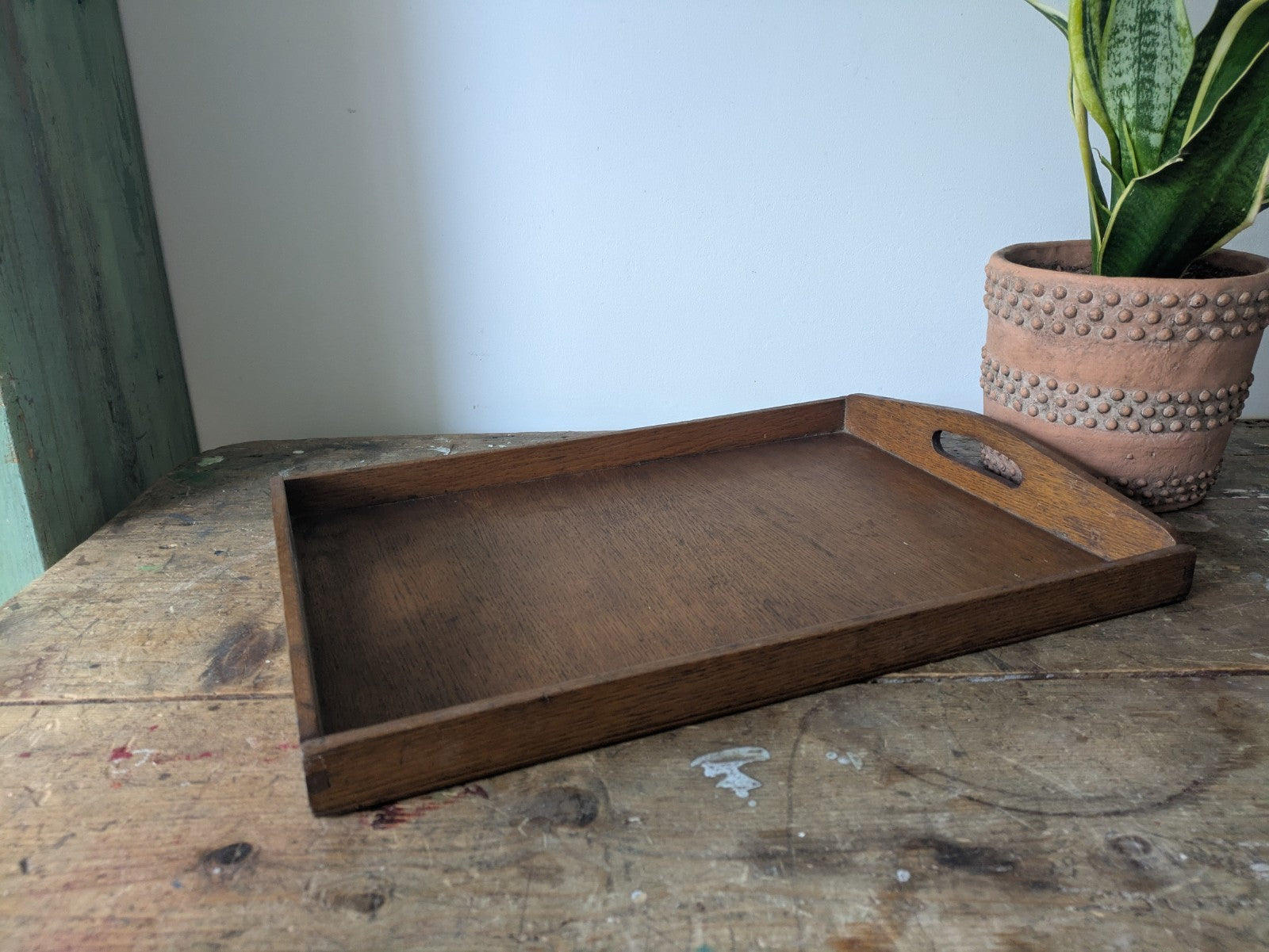 Vintage Antique Oak Wood Butlers Serving Tray with Handles Inset Prop Tea Dinner
