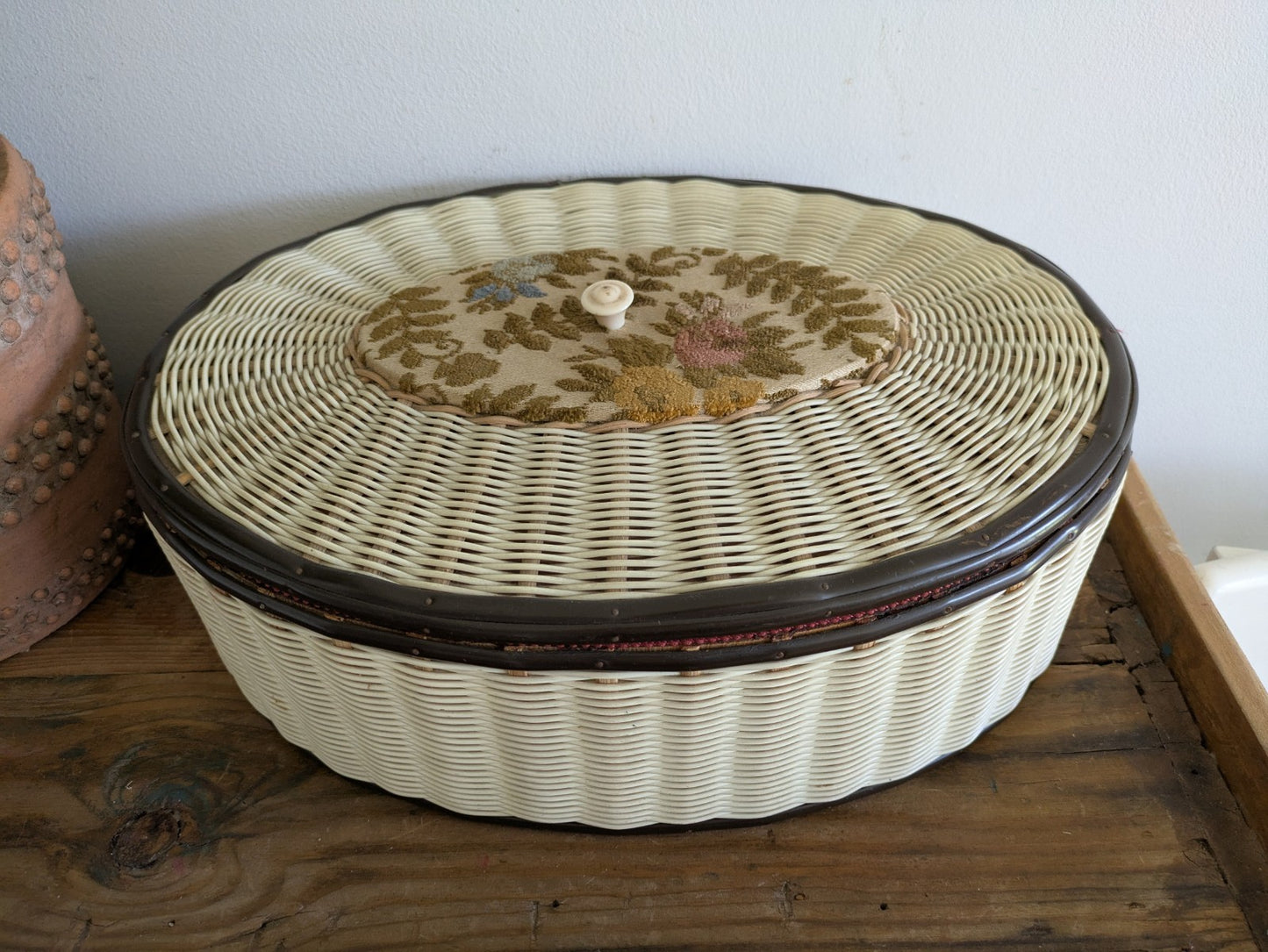 1940s Retro Vintage Rattan Sewing Box Basket Oval With Contents Full Prop Wicker