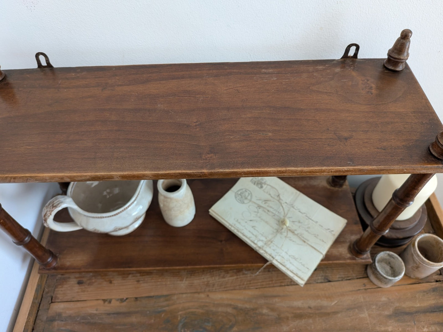 Antique Vintage French Faux Bamboo Wall Shelf Two Tier Wooden Finials Bookshelf 