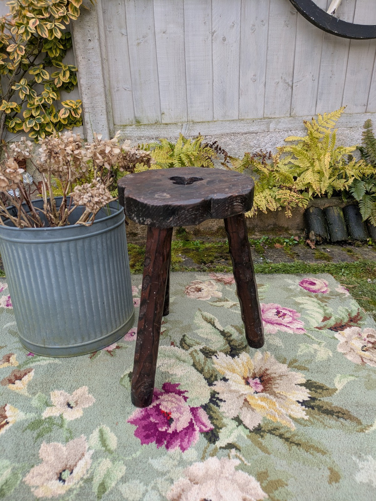 Vtg Hand Carved Stool Campaign Brutalist Screw Leg Wooden Milking Tripod Seat