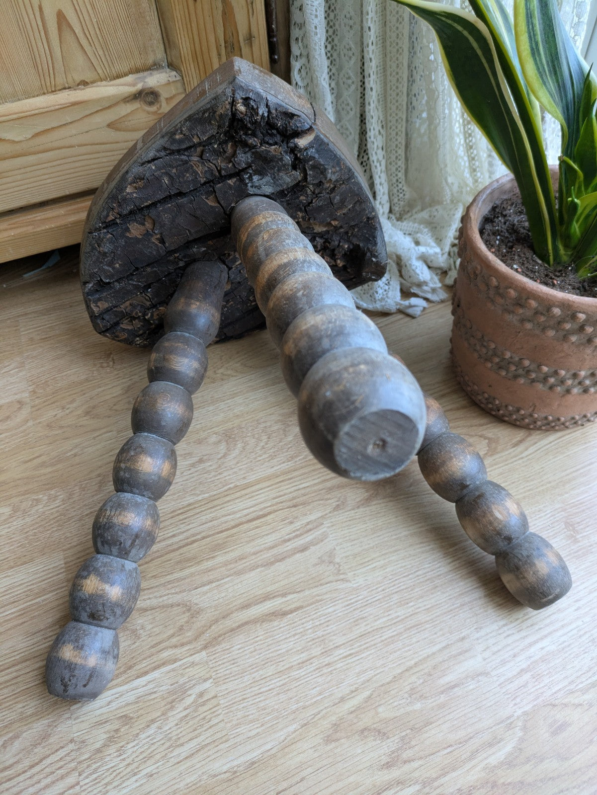 Antique 19th Century Vintage French Tripod Bobbin Leg Stool Plant Or Lamp Stand