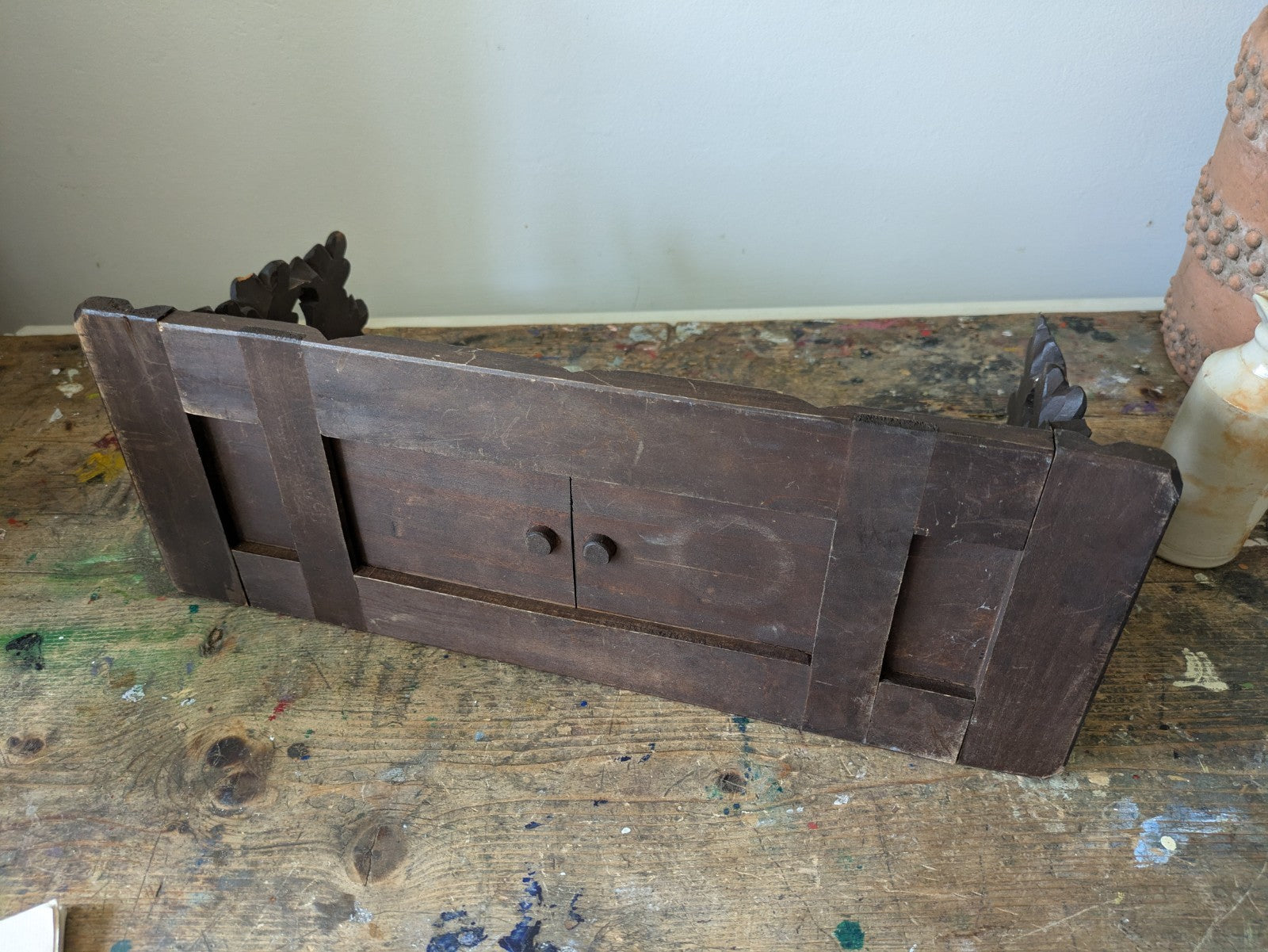 ANTIQUE VTG RARE SWISS BLACK FOREST CARVED WOOD FOLDABLE SLIDING BOOK STAND RACK