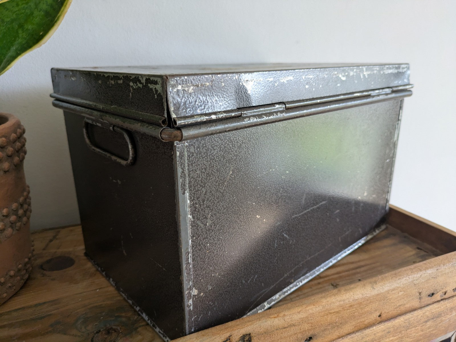 Vintage Metal Box Document Deed BOX  Grey Latch Hinged Lid Large Cash Tin File