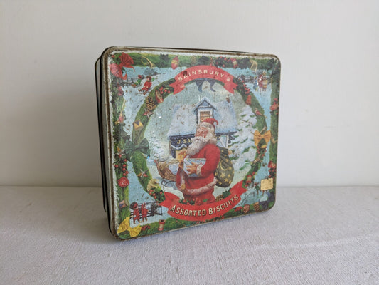 Vintage Sainsbury's Christmas tin Santa Claus Old Original Biscuits Xmas Rare Sq