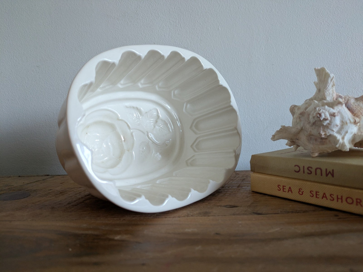 XL Antique White Jelly Mould Oval Ironstone with Rose Motif Victorian Impressed