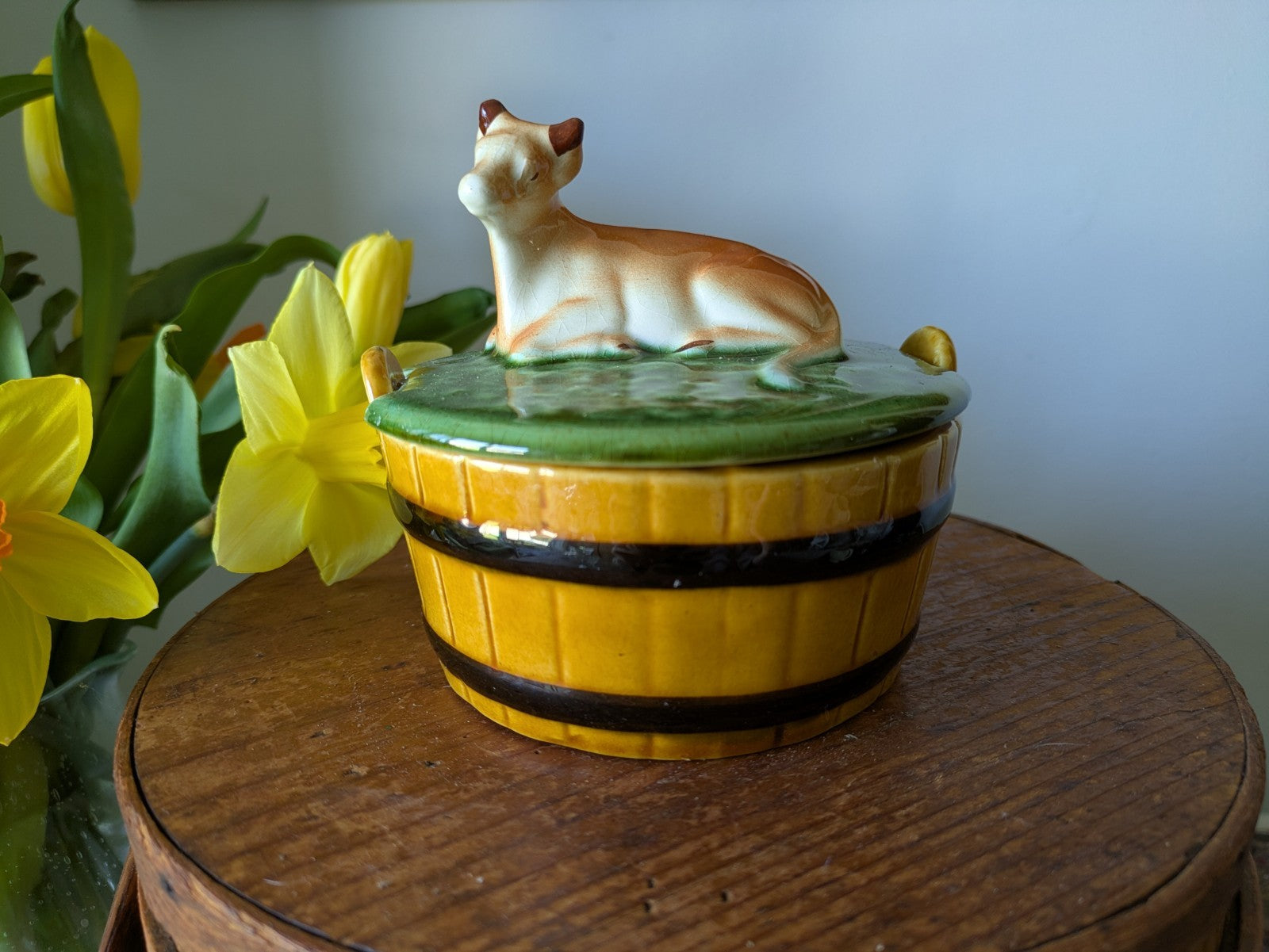 Vintage Secla Pottery Majolica Lidded Butter Dish - cow on a barrel Pot Cheese