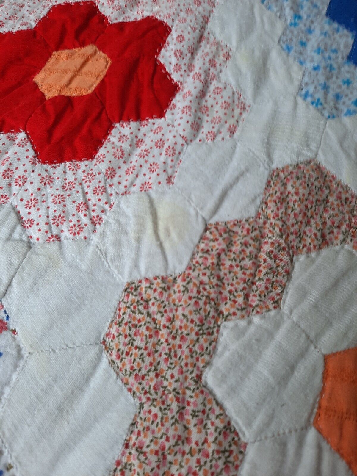 Vintage handmade 50p Patchwork blanket bed Throw Grandma's Sofa hexagon Double!!
