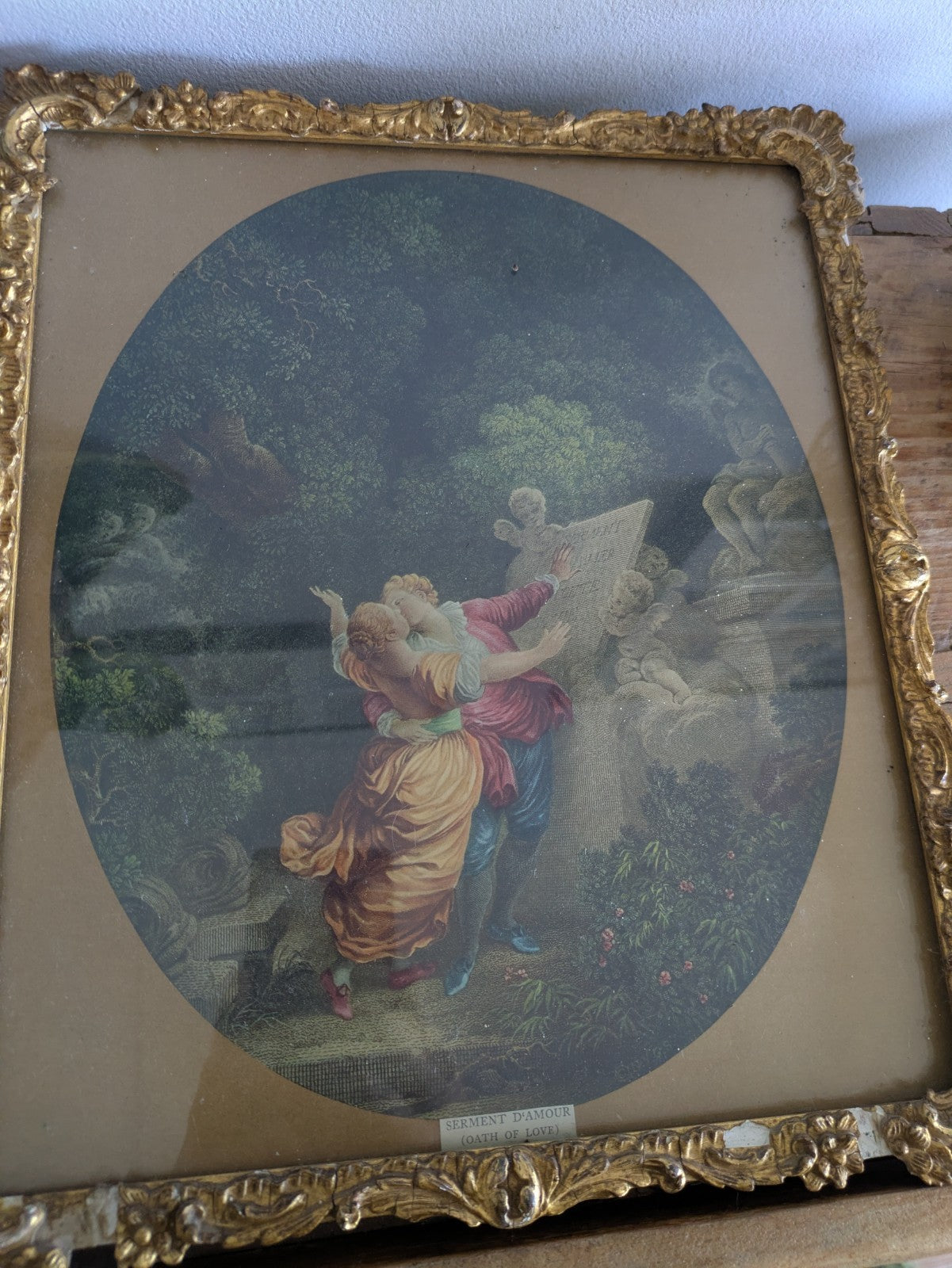 Antique 19th Cent Colored Engraving Le Serment d'Amour  The Lover's Oath Framed 