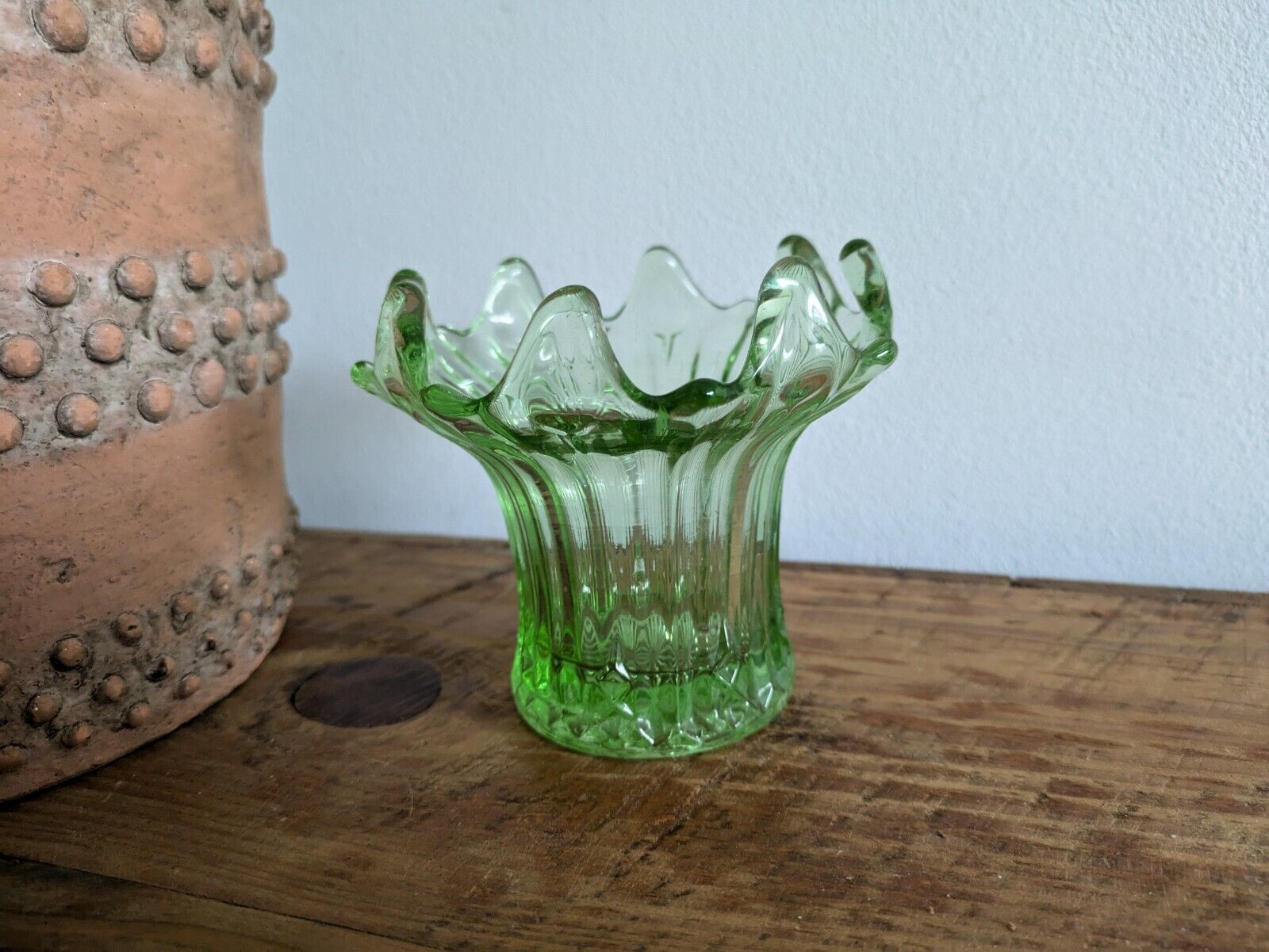 Vintage Art Deco 1930's SOWERBY Lily Gren Pressed Art Glass Posy Vase VGC Small