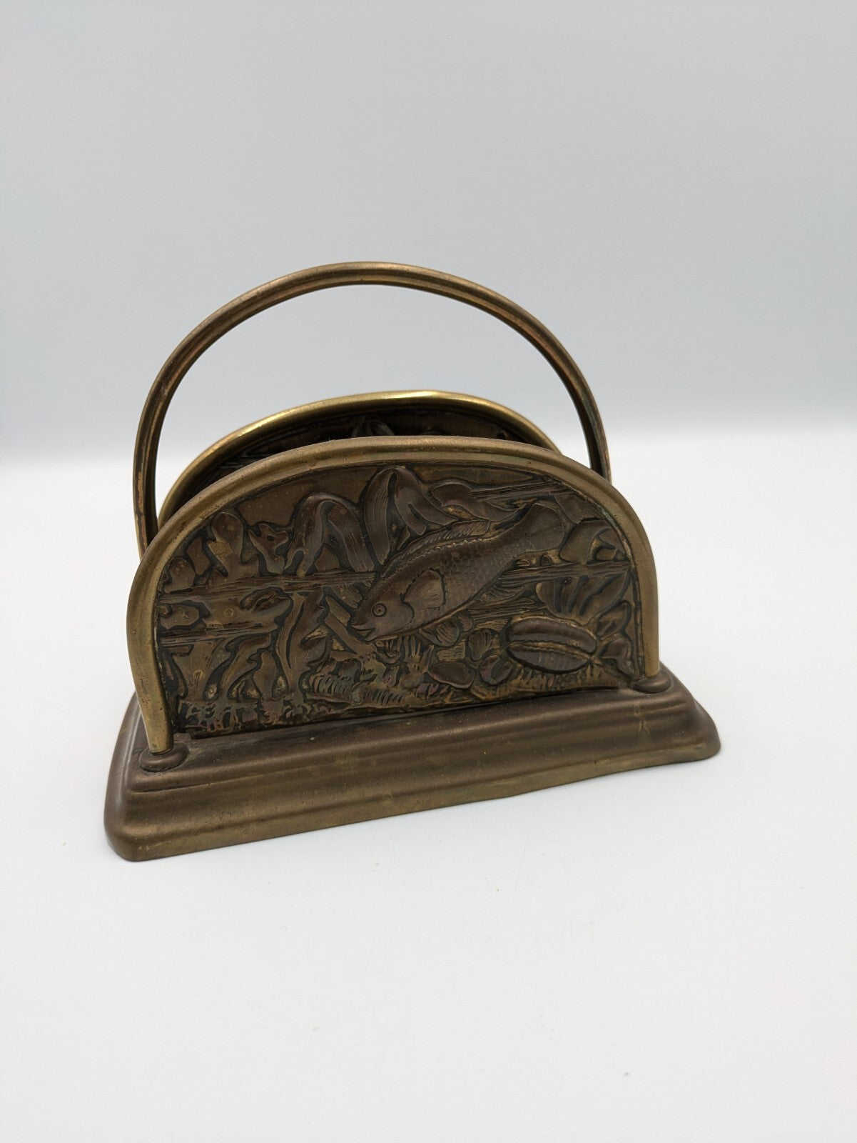 Collectable Brass fish scene letter rack with hooped handle Napkin Holder VTG Vg