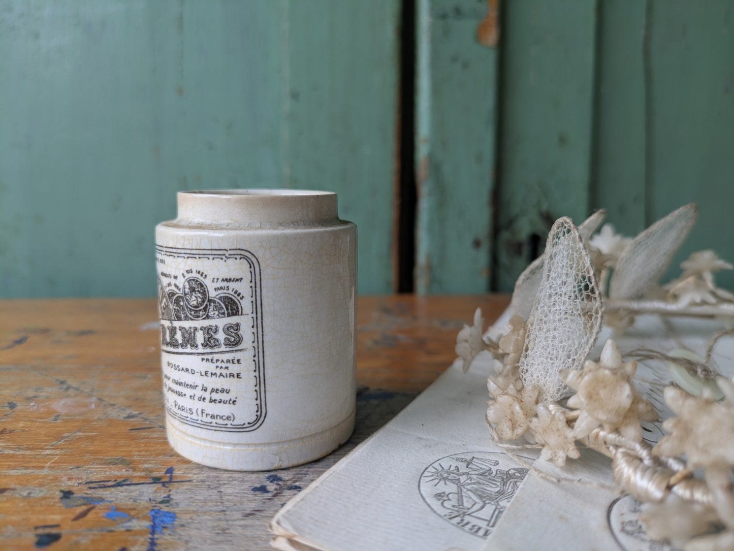 French Vintage Antique Printed Ironstone Ointment Pot Lid Cream Jar La Reine 
