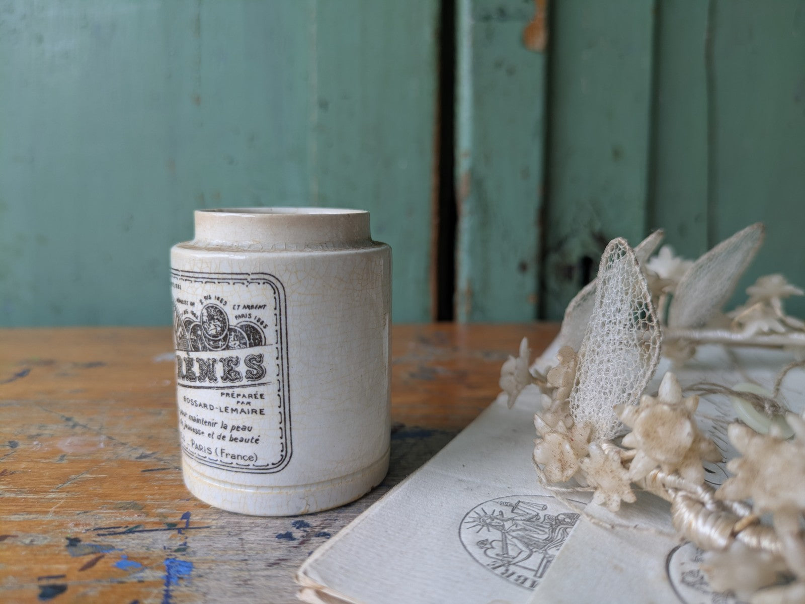 French Vintage Antique Printed Ironstone Ointment Pot Lid Cream Jar La Reine 