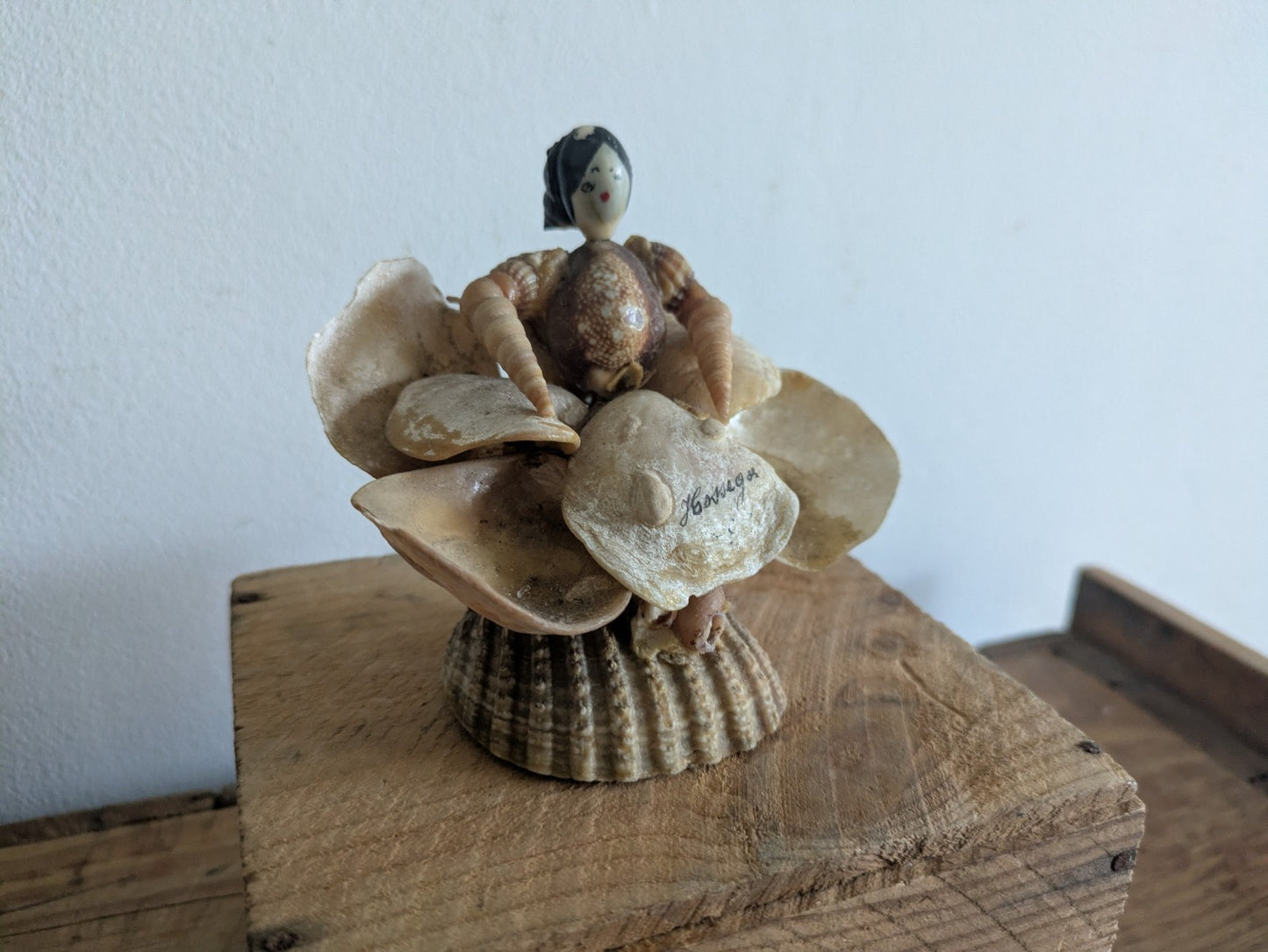 Mid Century Hand Crafted Sea Shell Doll Folk Art Lady Figurine Vintage Ornament 
