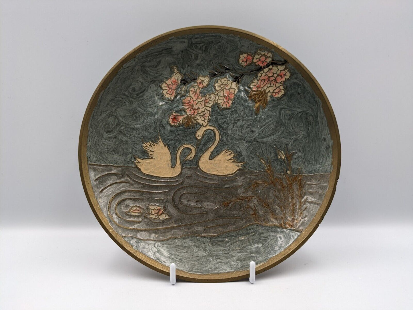vintage swan enamel plate India dish wall hanging cloisonne Brass Blossom Pond