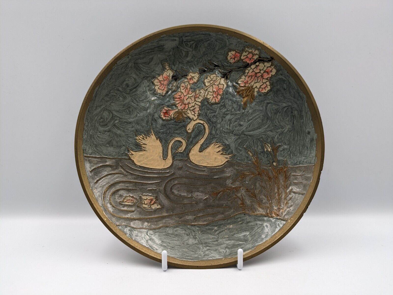 vintage swan enamel plate India dish wall hanging cloisonne Brass Blossom Pond