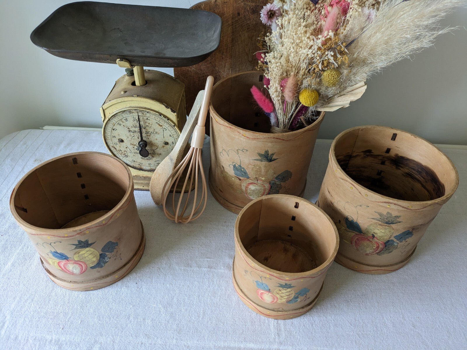 Vtg Canister Set Fruit Wood Rustic Farm House Utensil Decor Bentwood Rare Pots