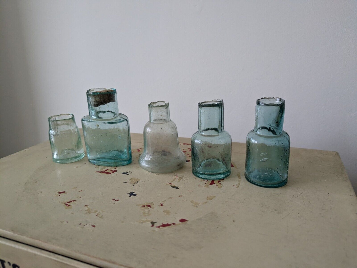 5x Antique Vintage Glass Bottles vase flower original apothecary ink old Teal