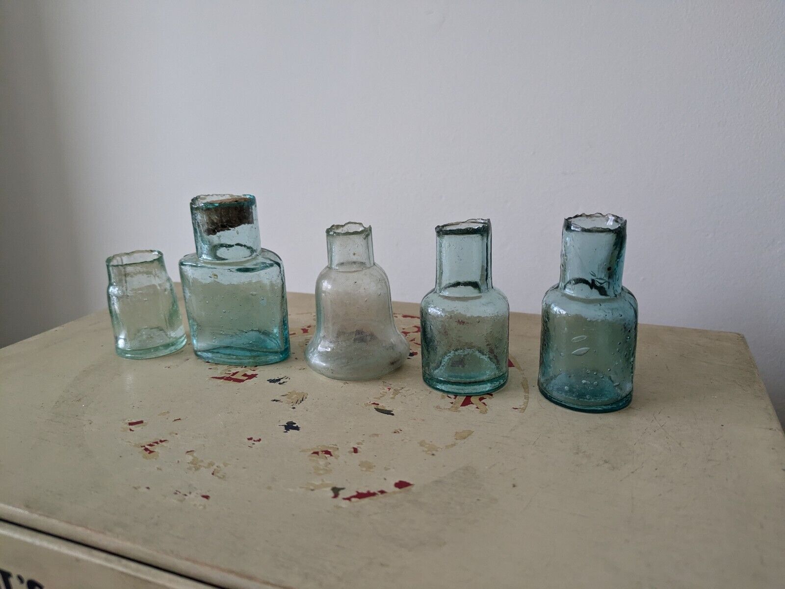 5x Antique Vintage Glass Bottles vase flower original apothecary ink old Teal