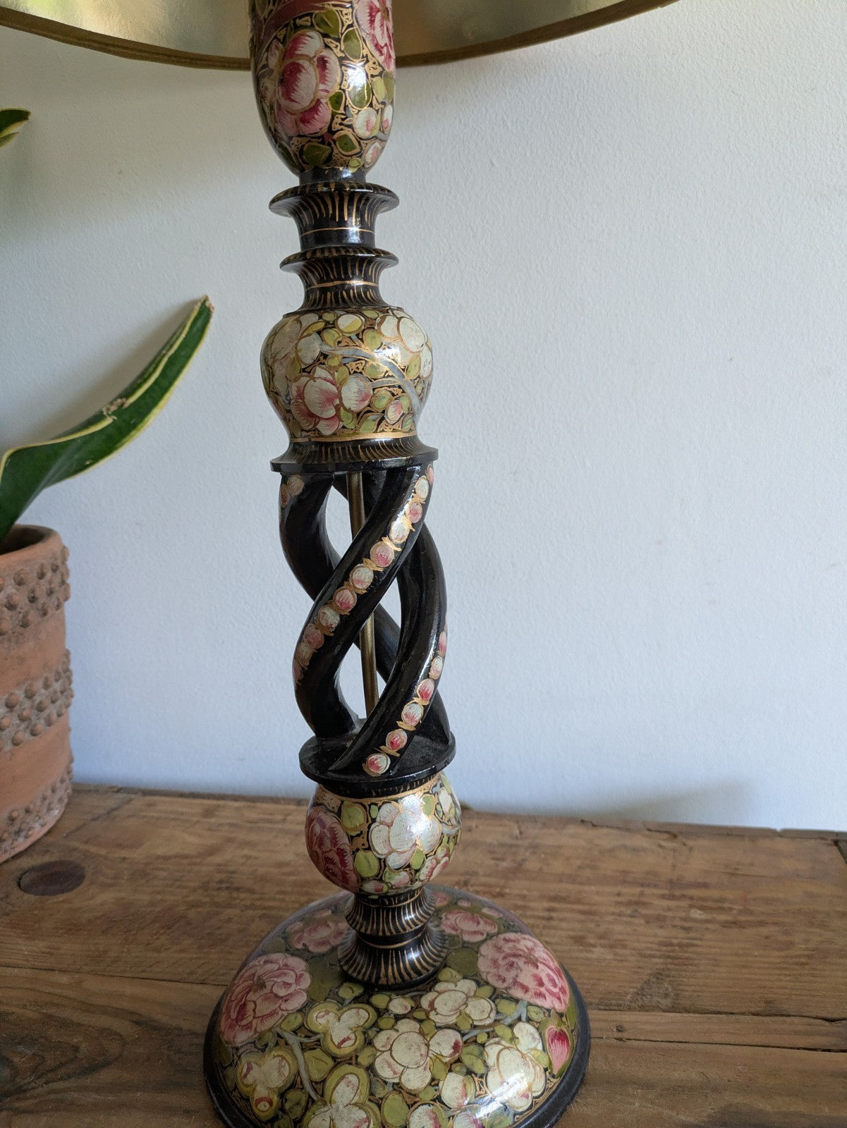 19th C Lamp Vintage Kashmiri Indian Lacquer Papier Mache Gilded Flower Cloisonne