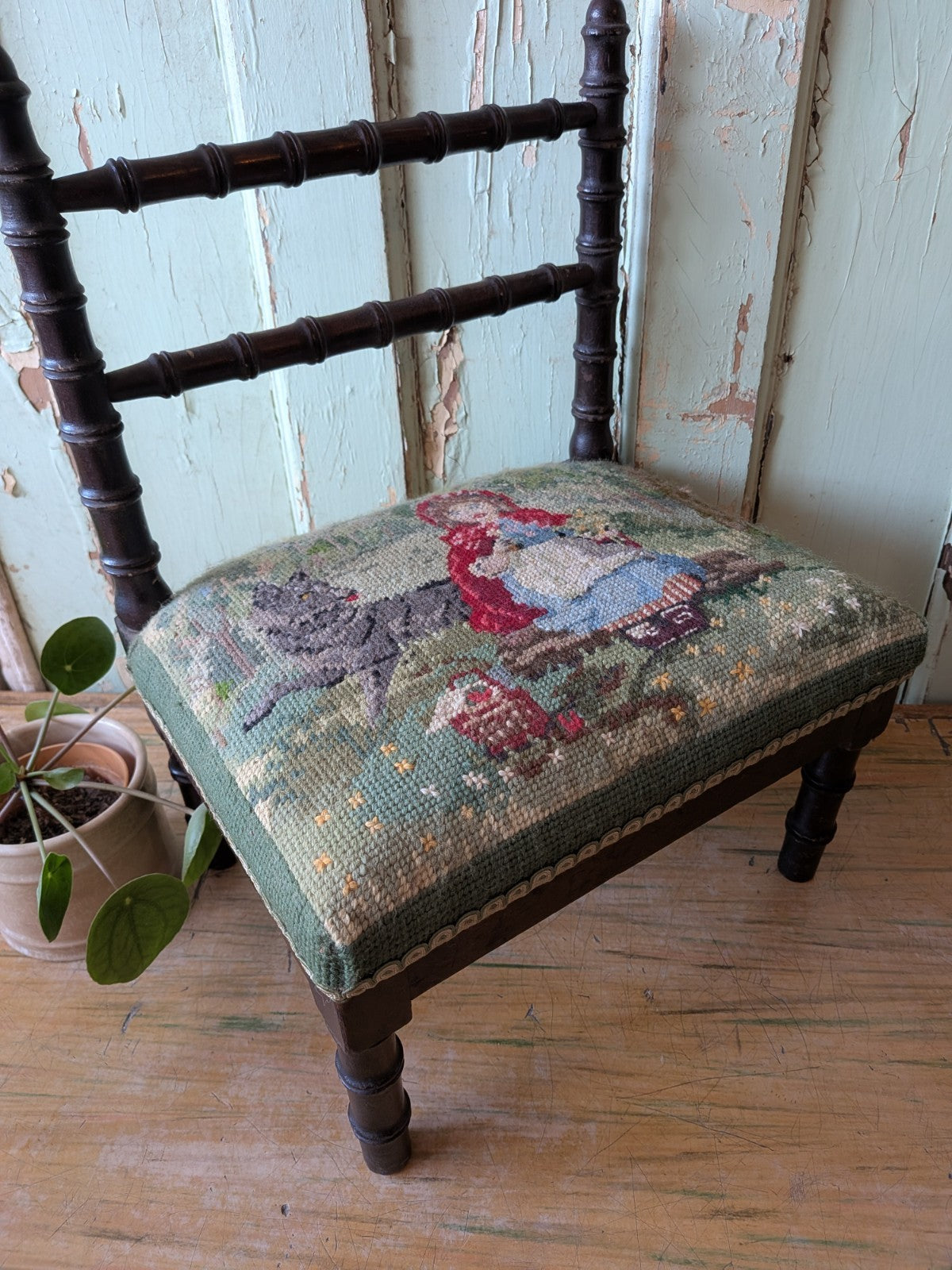 Antique Bobbin Faux Bamboo Childs Chair Apprentice Tapestry Seat Red Riding Hood