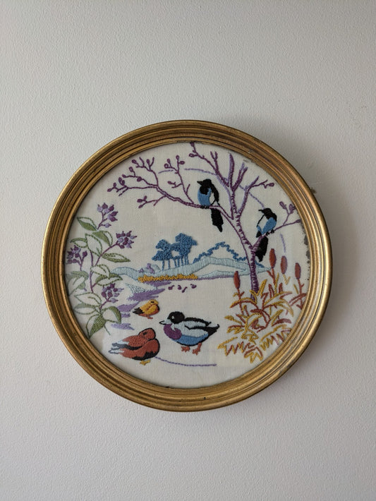 Vintage Ducks Birds Embroidery Needle Stitch Glass Gold Tone Round Framed Vgc