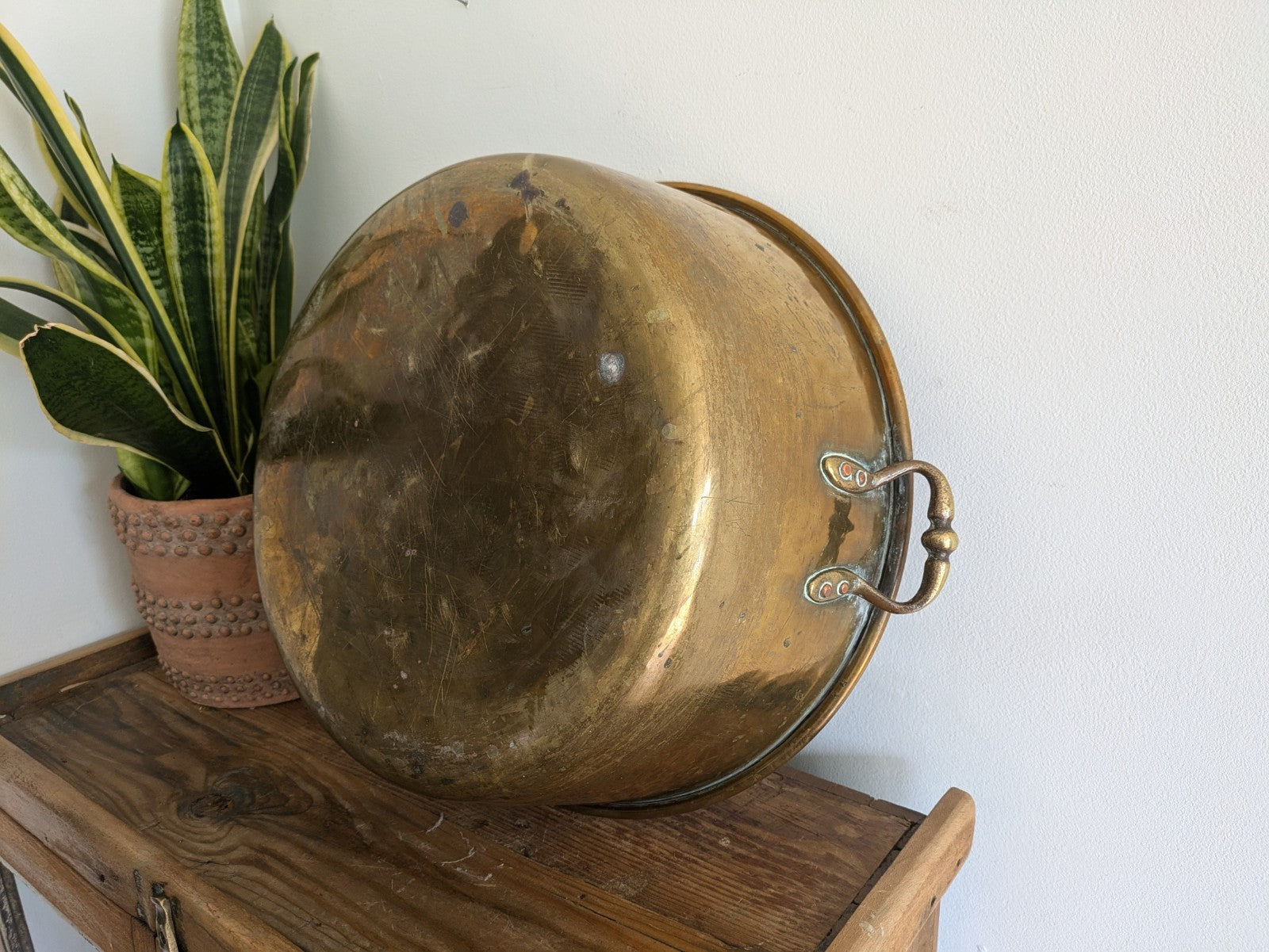 Antique 19thC Victorian Brass Pot Pan Double Handles Giant XL Size Chef Kitchen