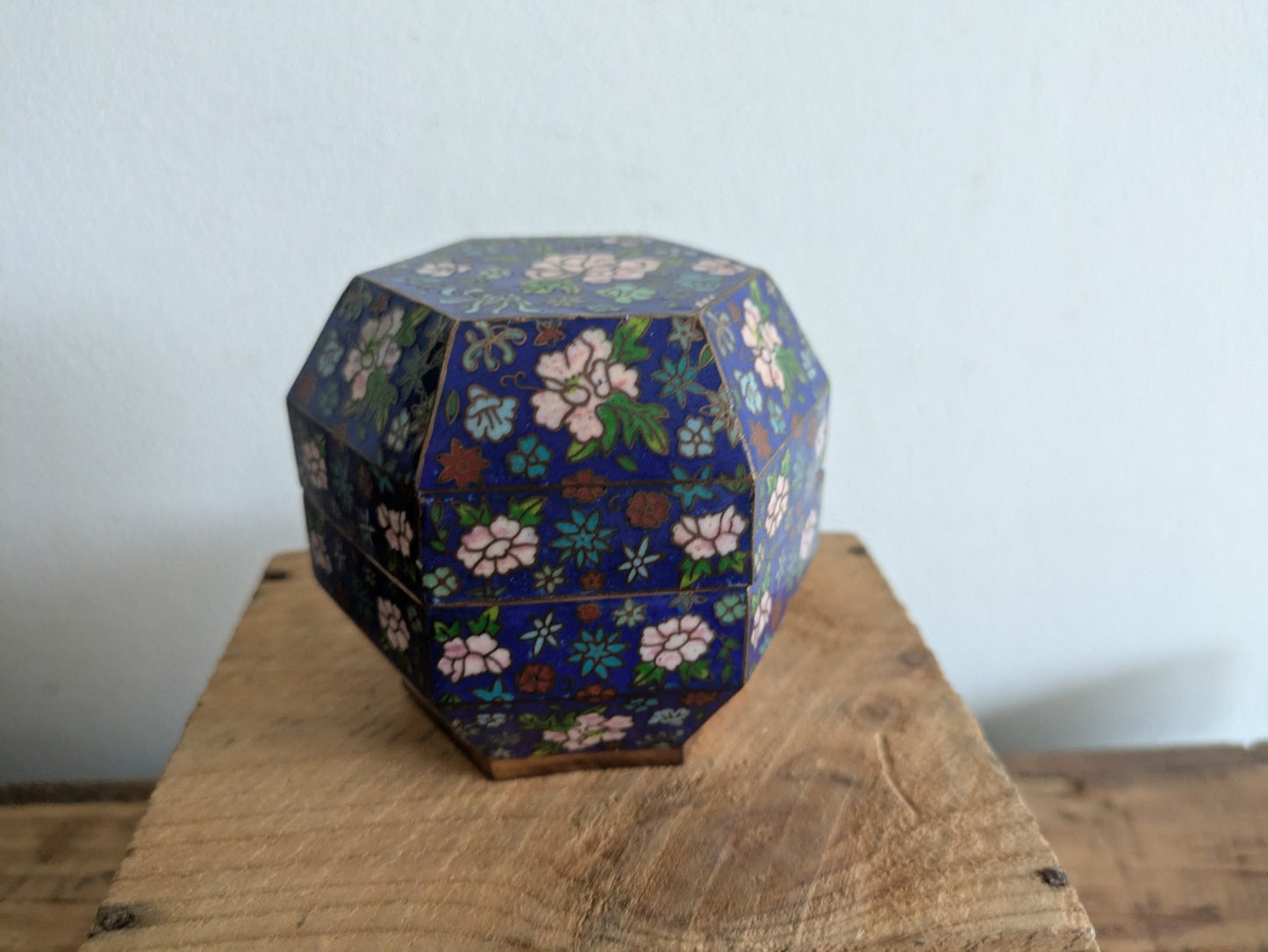 Superb Japanese Cloisonne Enamel Hexagon Shaped Box Blue Floral Vintage Pot Vgc
