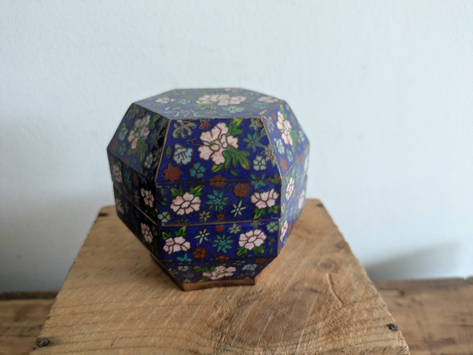 Superb Japanese Cloisonne Enamel Hexagon Shaped Box Blue Floral Vintage Pot Vgc