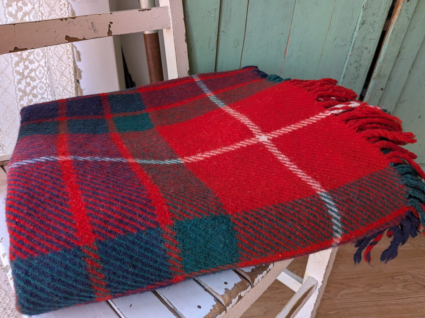 Red/Green All Wool Tartan Fringed Vintage Blanket 'The Clan' Rug Retro Scottish 