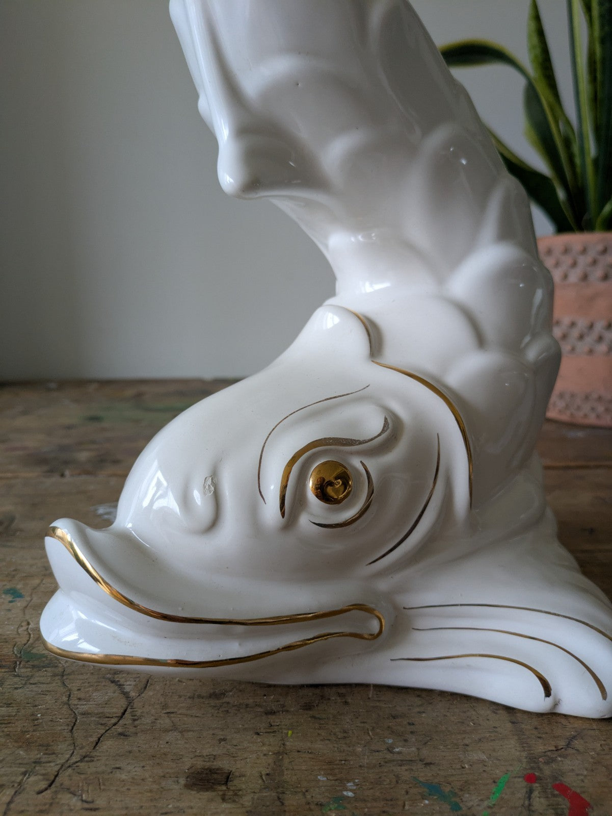 XL DOLPHIN CERAMIC CAPODIMONTE ITALIAN WHITE MID CENTURY VTG PLANT STAND TABLE