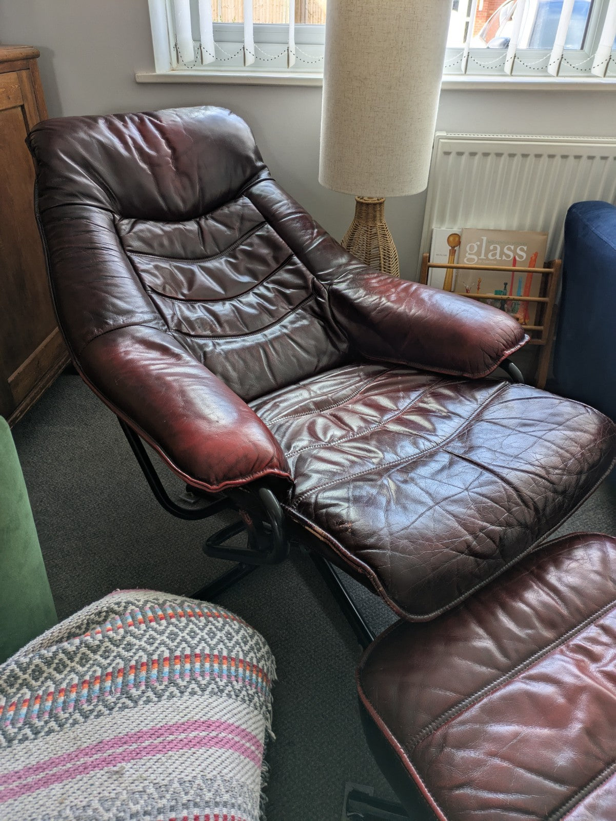MCM Skoghaug Industries Oxblood Red Leather Swivel Recliner Armchair & Stool 60s