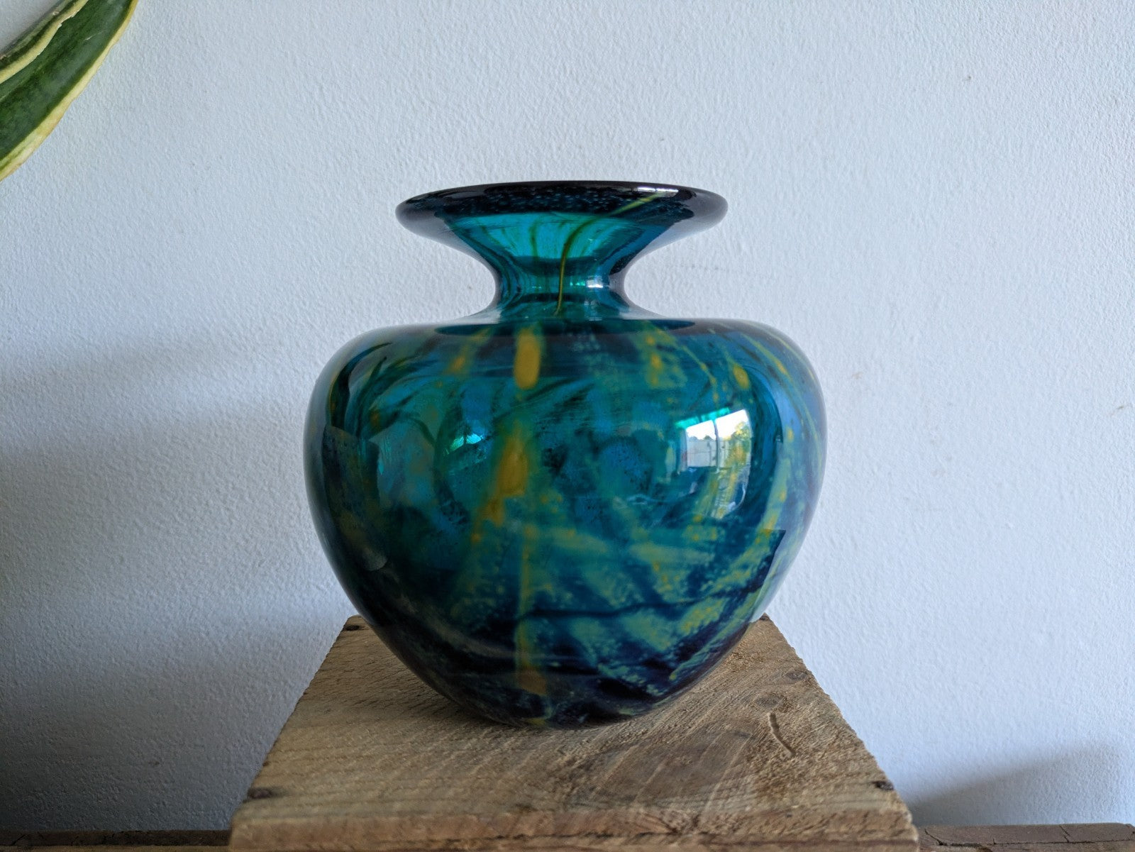 SIGNED Mdina 'Roman' Maltese Blue & Yellow Glass Squat VaseChevron 1970s VTG 