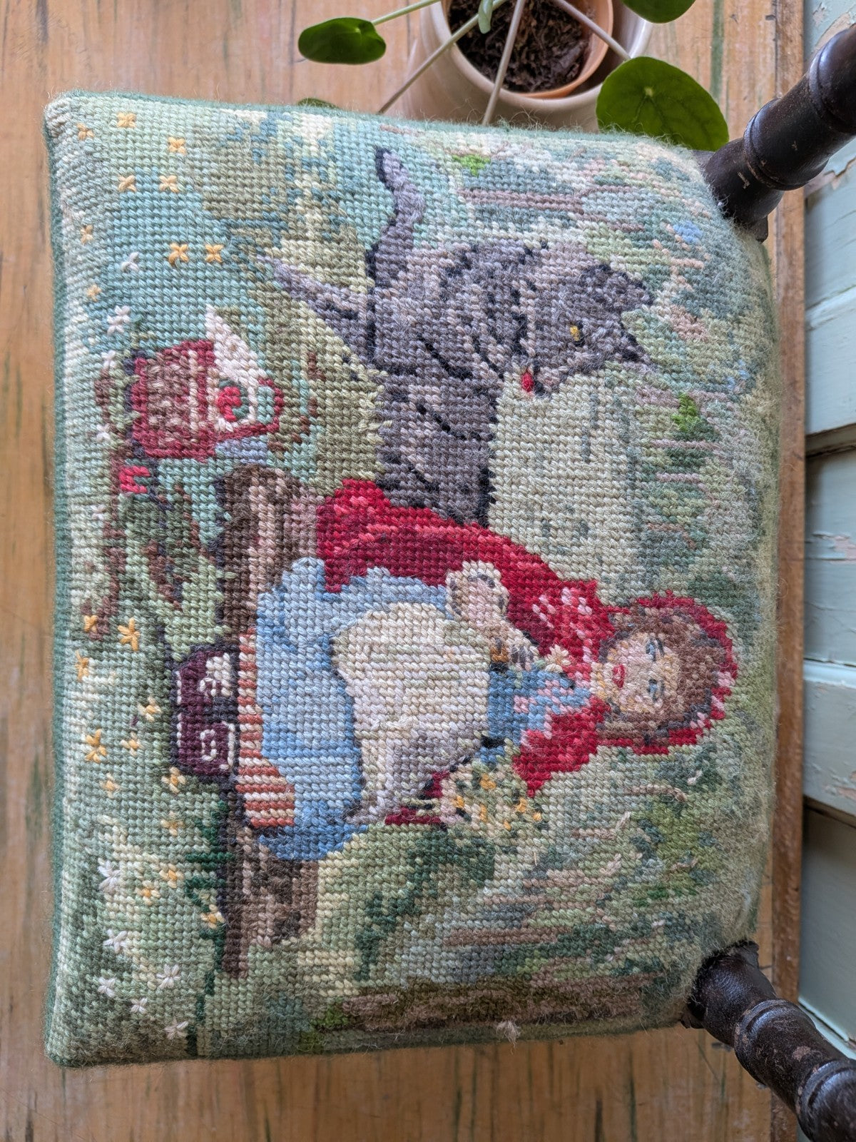 Antique Bobbin Faux Bamboo Childs Chair Apprentice Tapestry Seat Red Riding Hood