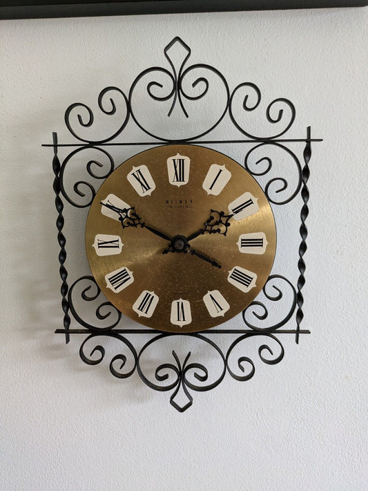 Vintage Weimar Ornate Battery Wall Clock Black Metal Scroll Mid Century MCM 70s