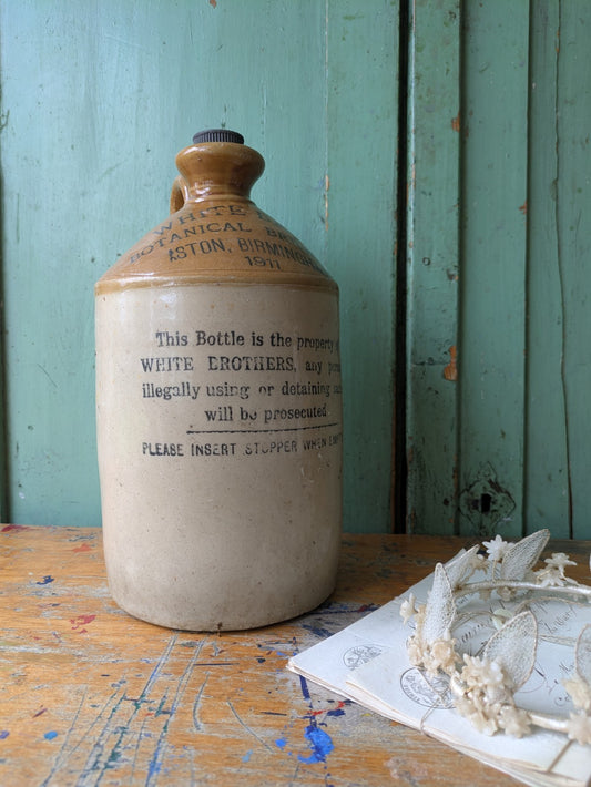 Antique Whites Bros Flagon Vintage Decorative Stoneware Bottle Birmingham 1911