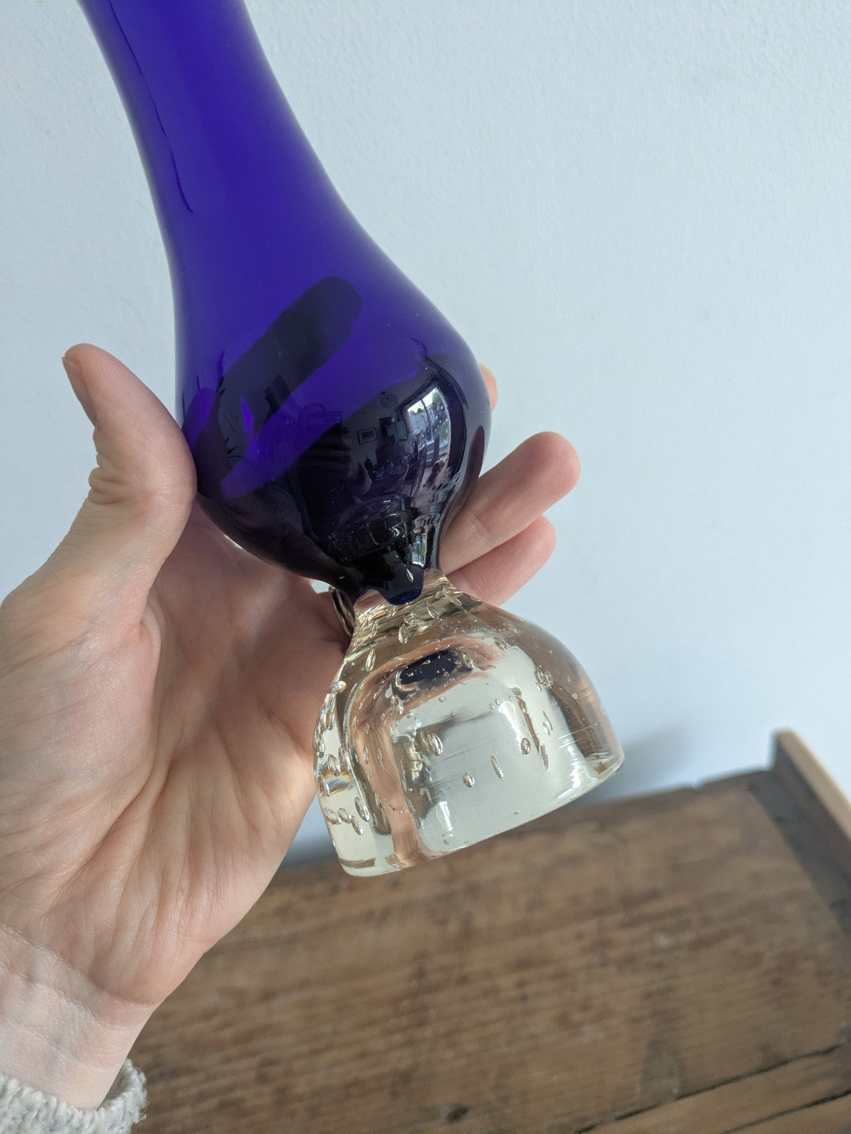 Cobalt Blue / Clear Glass Bubble Flower Stem Bud Vase Vintage Retro Mid Century 