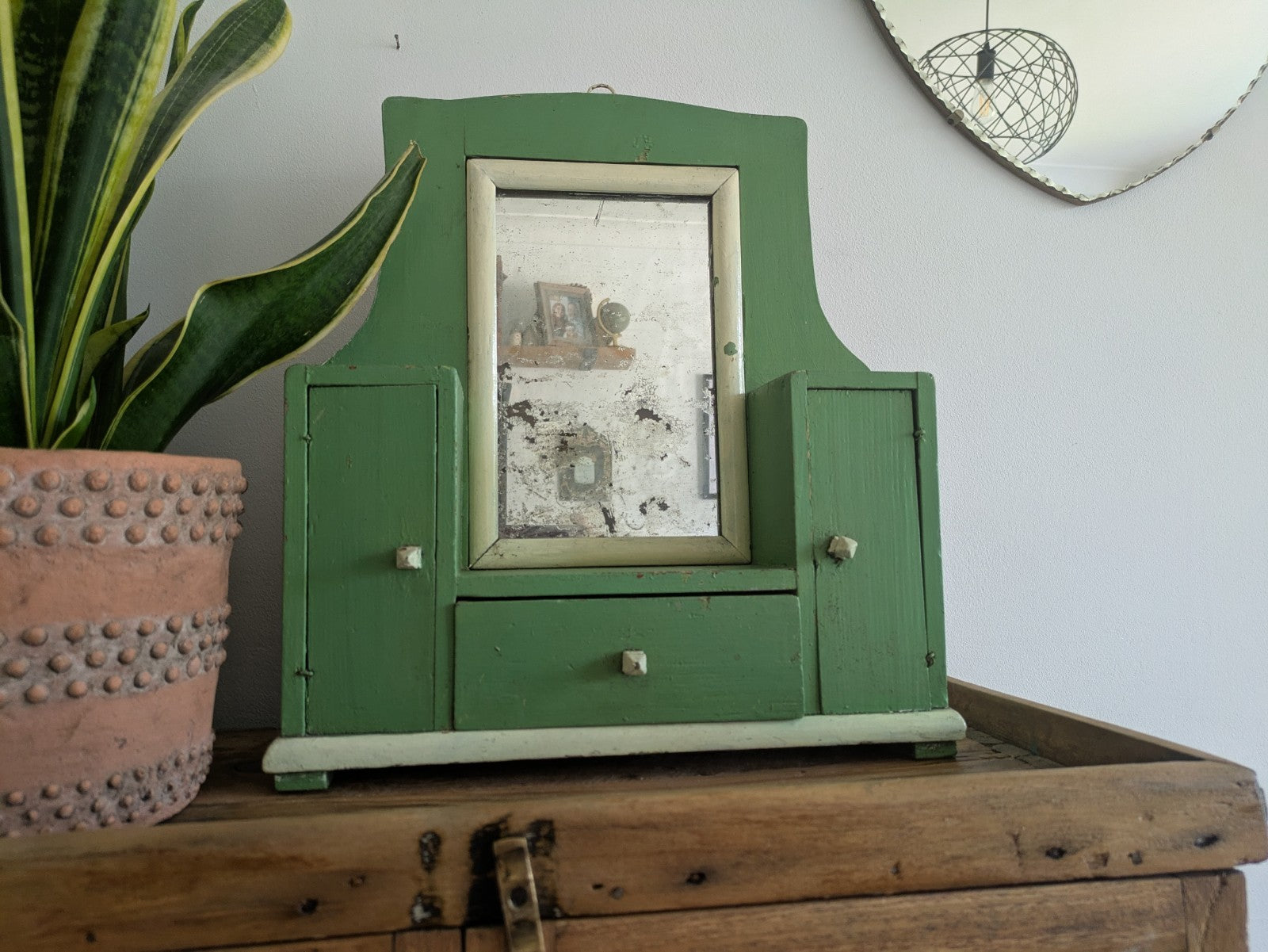 Antique Romanian Art Deco Wood Table Vanity Mirror Drawers Green Cupboard Wall