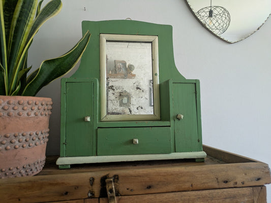 Antique Romanian Art Deco Wood Table Vanity Mirror Drawers Green Cupboard Wall