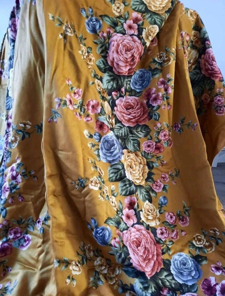Vintage Cravendale Floral Curtain SINGLE W236cm D161cm Satin mustard yellow