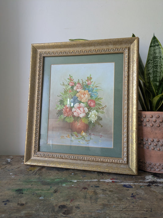 Original Oil Painting on Board C. Manning Bouquet Floral Roses Vase Flowers Vgc